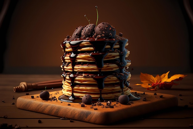 Pile de crêpes délicieuses avec des morceaux de chocolat noir fondant Illustration Generative AI