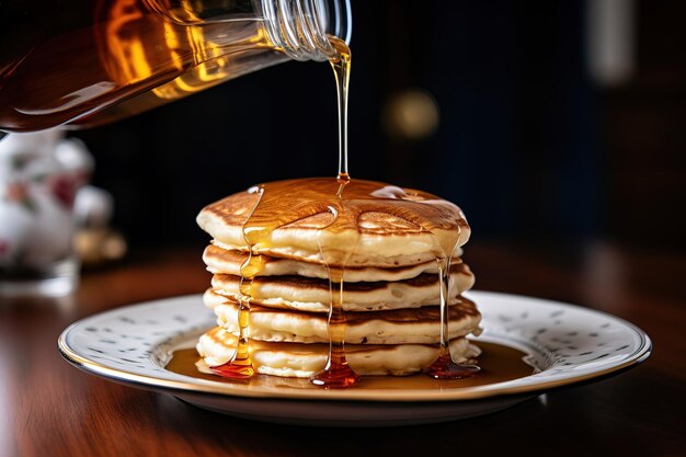 une pile de crêpes avec du miel