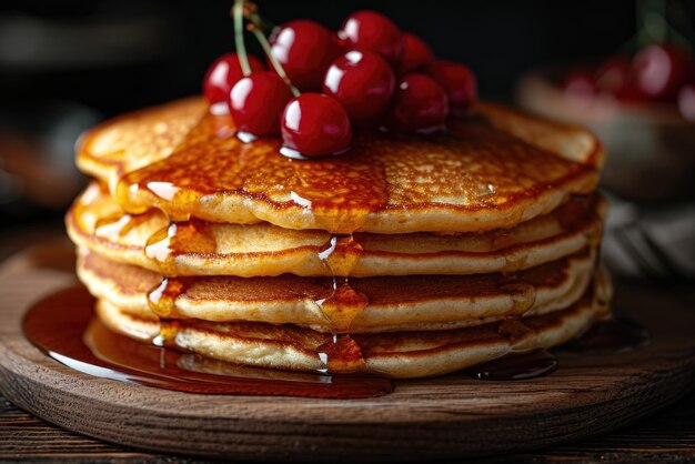 Une pile de crêpes avec du sirop et des cerises dessus