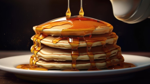 Une pile de crêpes avec du sirop dégoulinant sur le côté.