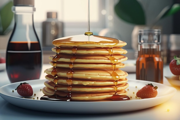 Une pile de crêpes avec du sirop dégoulinant sur le dessus.