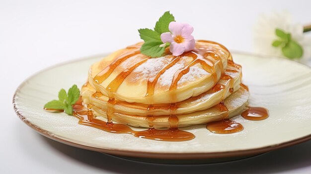 une pile de crêpes avec du sirop et des fleurs sur le dessus