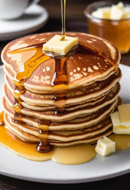 une pile de crêpes avec du sirop qui s'écoule d'elles