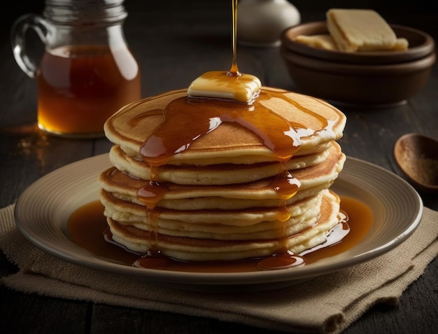 Une pile de crêpes avec du sirop versé dessus