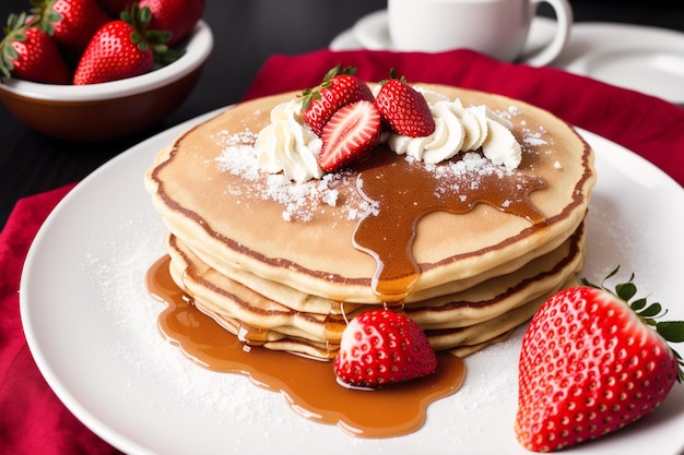 Une pile de crêpes avec du sucre en poudre sur le dessus et une tasse de café sur le côté.