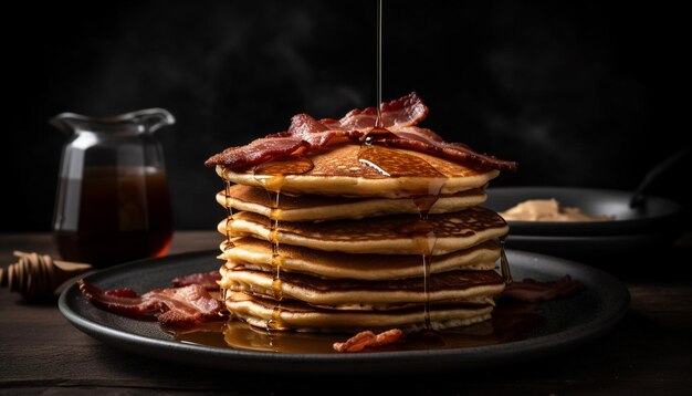 Pile de crêpes faites maison sur une assiette en bois rustique générée par l'IA