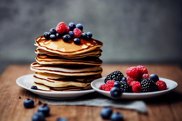 Pile de crêpes faites maison avec des baies desserts modernes à la mode des aliments sains avec des céréales