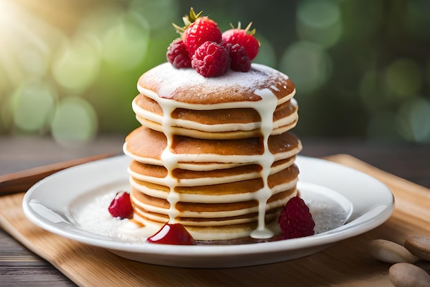 Une pile de crêpes avec un filet blanc de sirop et de framboises sur le dessus