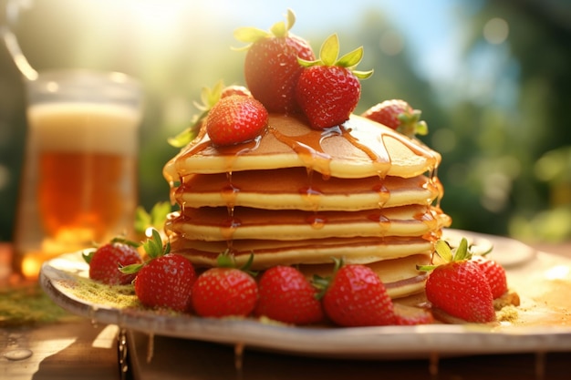 Une pile de crêpes avec une fraise sur la crêpe la plus haute