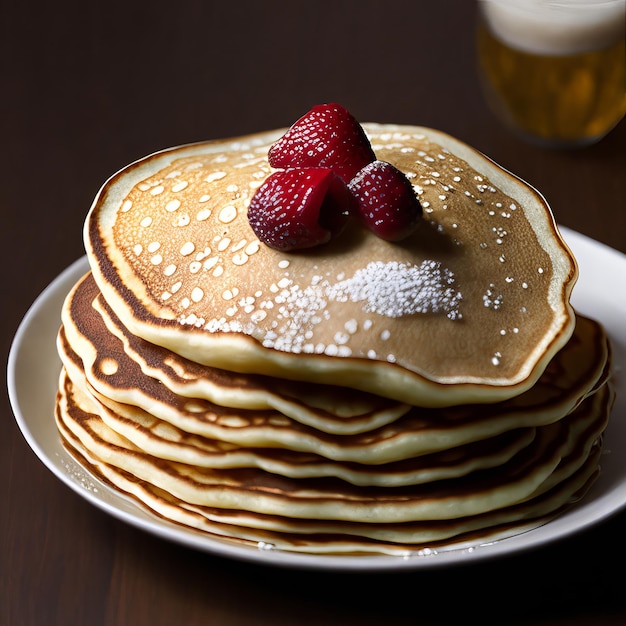 Une pile de crêpes avec une fraise sur le dessus