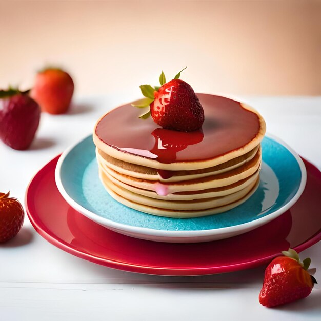 Une pile de crêpes avec des fraises dessus.