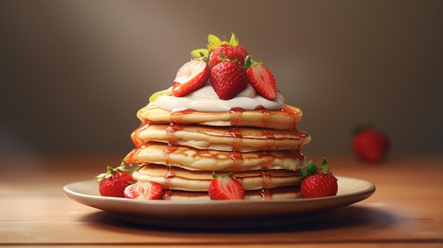 Une pile de crêpes avec des fraises sur le dessus