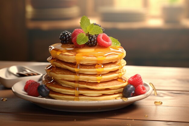 Une pile de crêpes avec des fruits sur la crêpe la plus haute