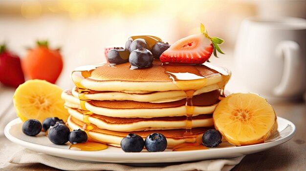 Une pile de crêpes avec des fruits sur le dessus