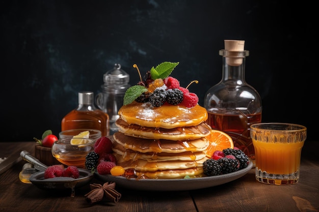 Pile de crêpes garnies de fruits et de sirops créés avec l'IA générative