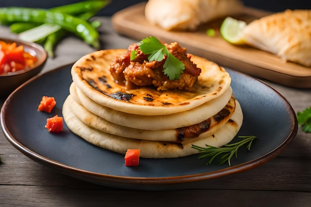 Une pile de crêpes indiennes avec un tas de poulet sur le dessus.