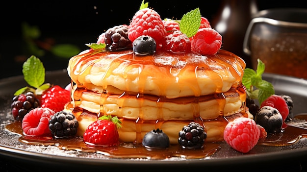 Pile de crêpes maison avec garnitures au sirop et aux fruits frais