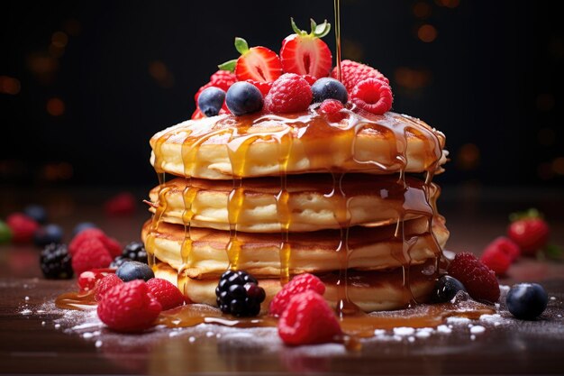 Photo une pile de crêpes moelleuses arrosées de sirop d'érable et ornées de baies fraîches.