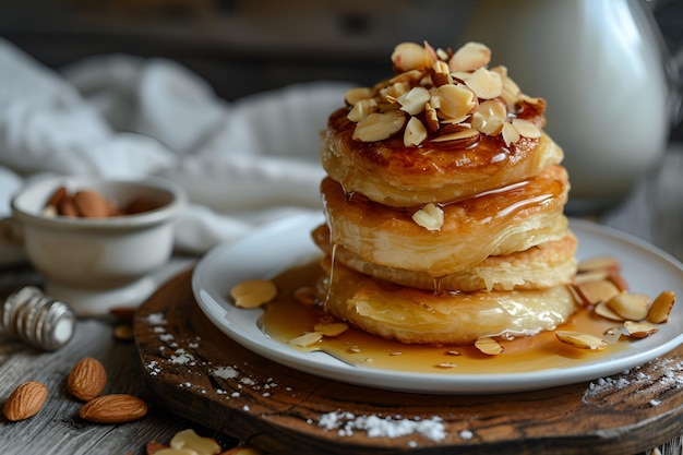 une pile de crêpes avec des noix sur le dessus