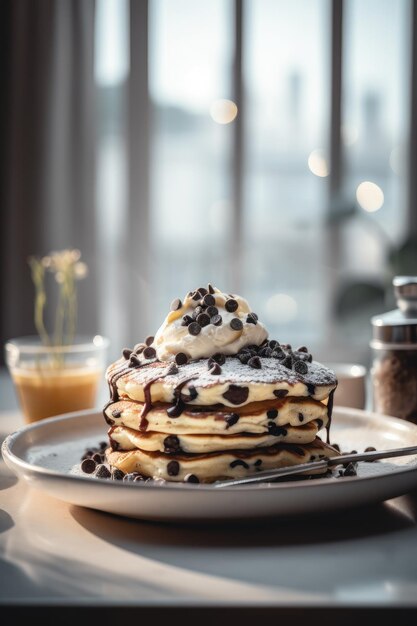 Une pile de crêpes avec des pépites de chocolat et de la crème fouettée sur le dessus