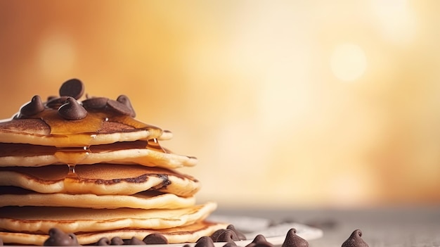 Une pile de crêpes avec des pépites de chocolat et du miel sur le dessus