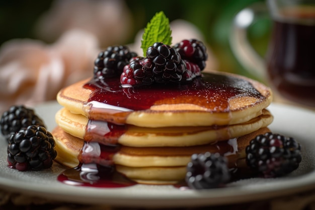 Une pile de crêpes avec un sirop de mûre dessus