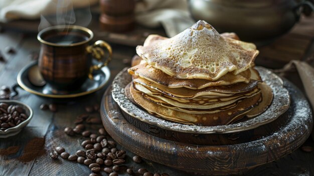 Une pile de crêpes sur une table en bois