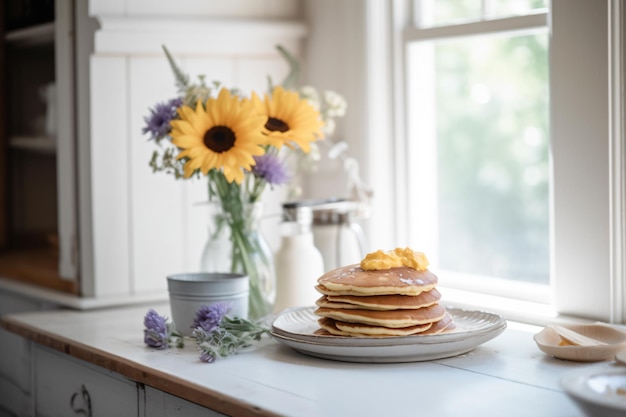 Une pile de crêpes sur une table à côté d'un vase de fleurs.