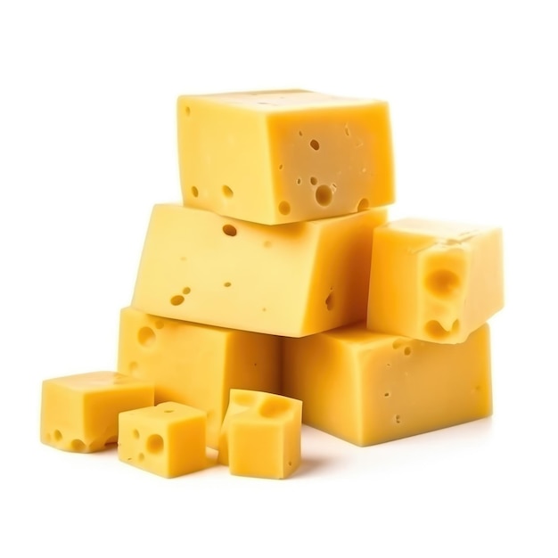 Une pile de cubes de fromage sur un fond blanc