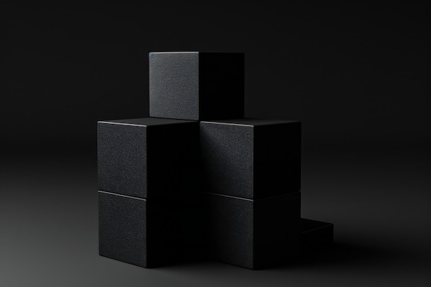 Une pile de cubes noirs sur un fond noir de conception minimale