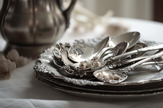 Pile de cuillères en argent antique sur une assiette blanche prête pour le petit-déjeuner ou le thé créé avec une IA générative