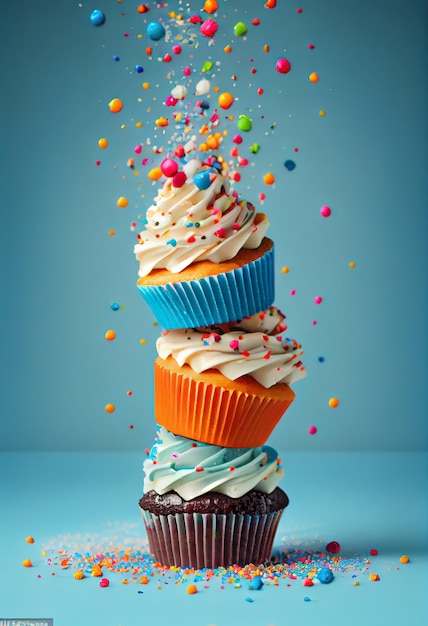 Une pile de cupcakes avec des pépites colorées dessus.