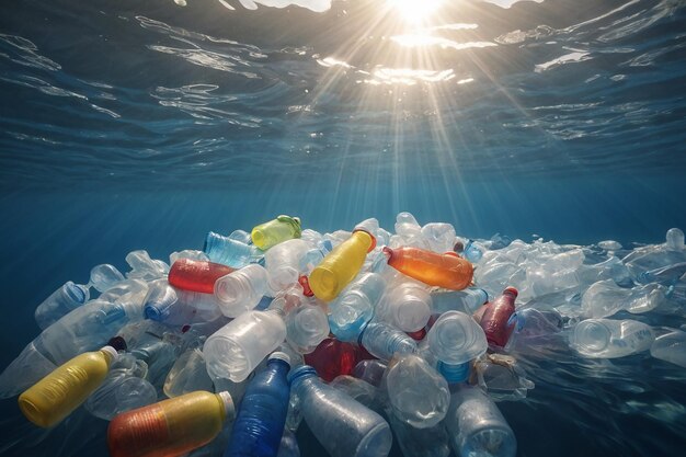 Une pile de déchets plastiques flottant dans l'eau polluée des océans du monde