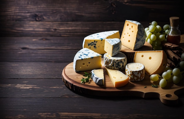 Une pile de délicieux fromage jaune sur table en bois et fond de bois