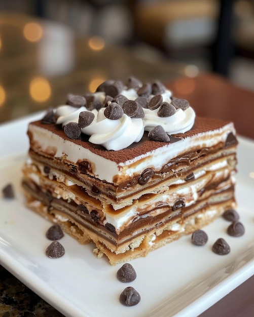 une pile de desserts au chocolat et à la vanille sur une assiette