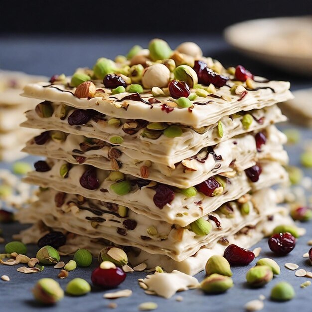 une pile de desserts délicieux avec des raisins et des noix