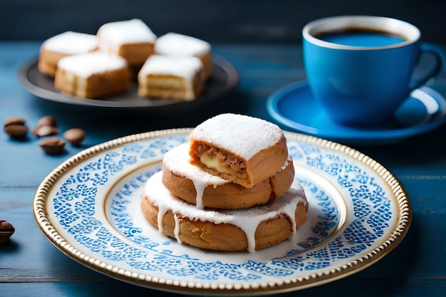 une pile de desserts avec une tasse de café en arrière-plan.