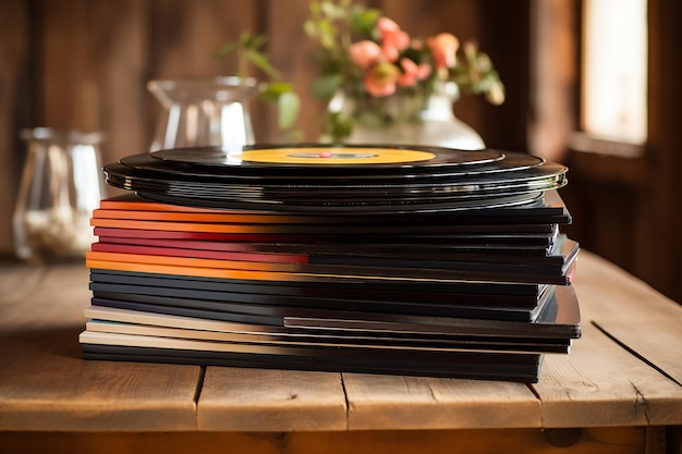 Pile de disques vinyles sur une table en bois rustique