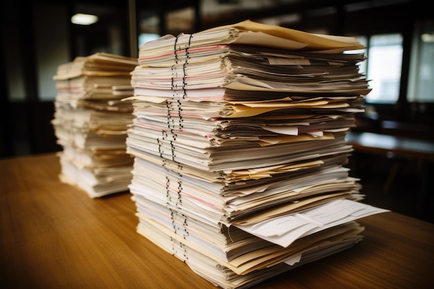 Pile de documents sur le bureau au bureau Pile de papiers d'affaires Une grande pile de vieux documents d'archives générés par l'IA