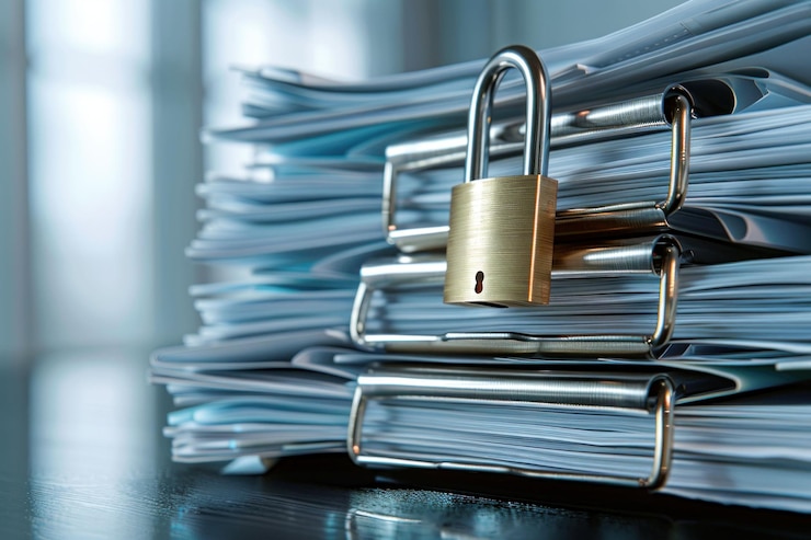 Photo une pile de documents sécurisés par un cadenas mettant l'accent sur la confidentialité et la vie privée dans la gestion de l'information