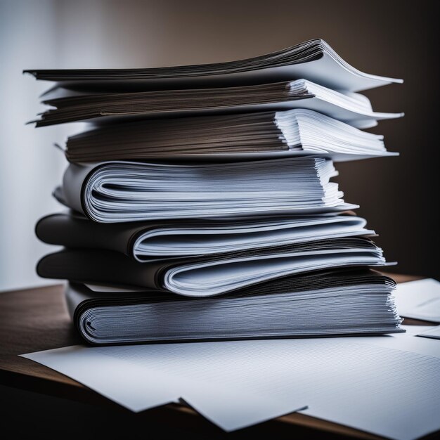 Une pile de documents sur une table en bois