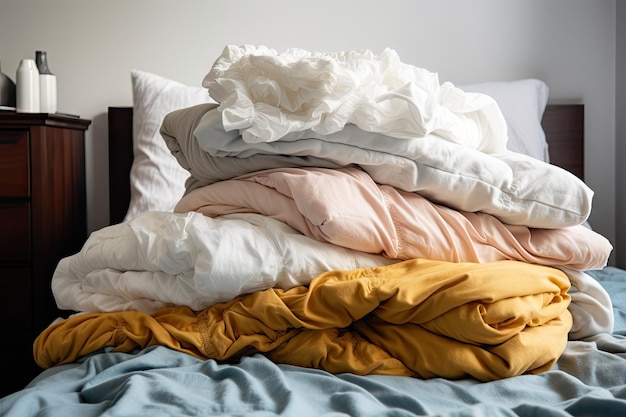 Pile de draps fraîchement lavés en tas soigné sur lit créé avec générative ai