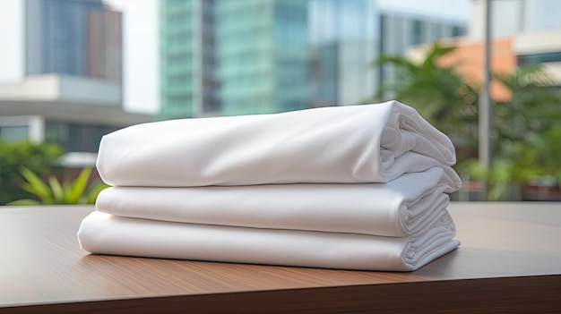 une pile de draps d'hôtel avec un fond d'hôtel lumineux et moderne