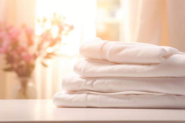 Une pile de draps de lit propres sur un fond flou de la buanderie IA générative