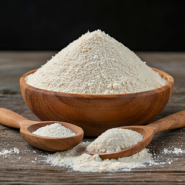 La pile de farine et les grains de blé dans une cuillère en bois et un bol sur du bois