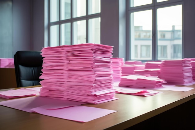 Une pile de feuilles roses à côté d'un tableau de réduction sur un bureau d'entreprise