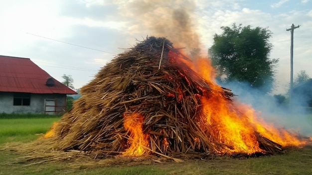 Pile de foin en feu dans le village