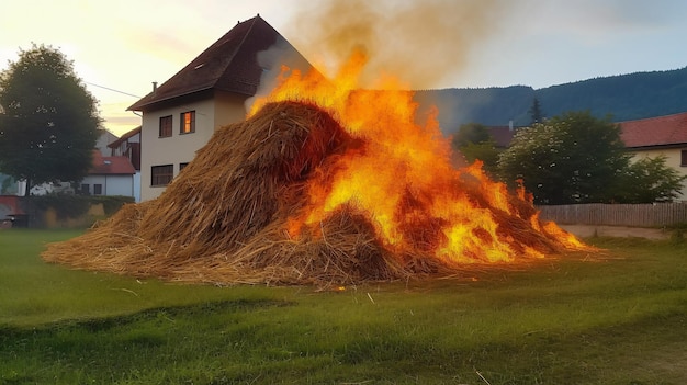 Pile de foin en feu dans le village