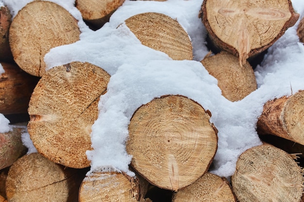 Pile de fond de bois de chauffage Bois de chauffage empilé dans un tas de neige dans la rue Il neige en hiver