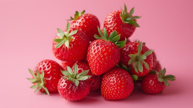 Une pile de fraises sur un fond rose